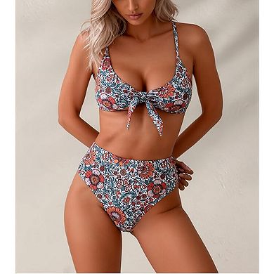 Women's Floral Print Knot Front Bikini Set - Adjustable Strap High Waist Swimwear