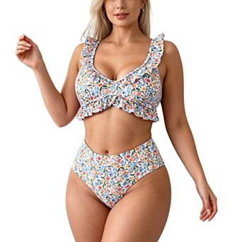 Women's Floral Ruffle Bikini Set - V Neck Ruffled Top with High Waisted Bottom Swimwear