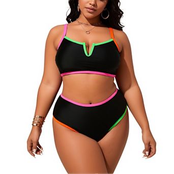 Women's Neon Trim Color Block Bikini Set - V Notch Adjustable Strap Swimwear