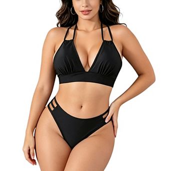 Women's Strappy Cross Back Bikini Set - V Neck Ruched Top with Side Cutout Swimwear