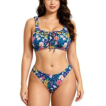 Women's Floral Print Tank Bikini Set - Front Tie Top with Side Tie Swimwear