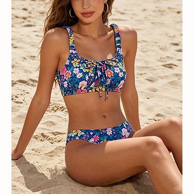 Women's Floral Print Tank Bikini Set - Front Tie Top with Side Tie Swimwear
