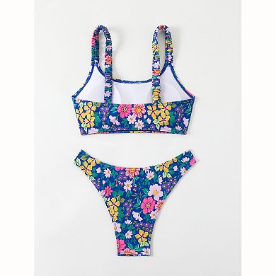 Women's Floral Print Tank Bikini Set - Front Tie Top with Side Tie Swimwear