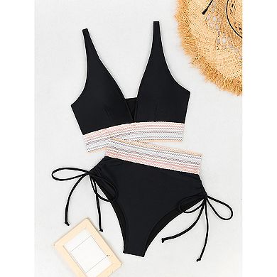 Women's Smocked Waist Bikini Set - Adjustable Strap V Neck with Side Tie Swimwear