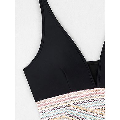 Women's Smocked Waist Bikini Set - Adjustable Strap V Neck with Side Tie Swimwear