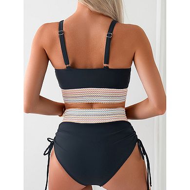 Women's Smocked Waist Bikini Set - Adjustable Strap V Neck with Side Tie Swimwear