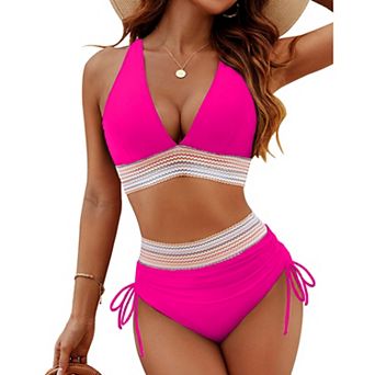 Women's Smocked Waist Bikini Set - Adjustable Strap V Neck with Side Tie Swimwear