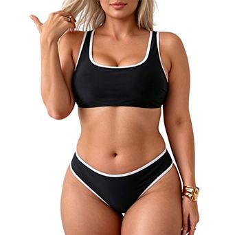 Women's Contrast Trim Tank Bikini Set - Scoop Neck Sporty Swimwear