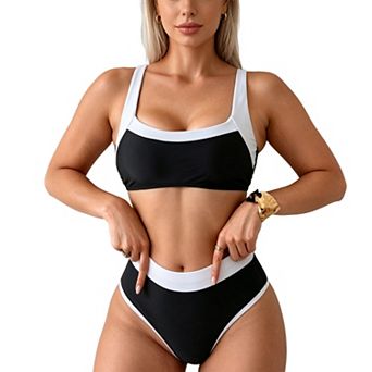 Women's Color Block High Waist Bikini Set - Adjustable Strap Sporty Swimwear