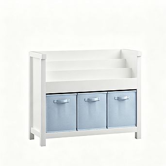 Kids Bookshelf with 3 tier Front-Facing Storage and 3 Fabric Bins - Wooden Toddler Bookcase