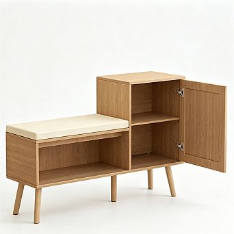 2-in-1 Shoe Storage Bench - PP Rattan Cabinet with 2 Adjustable Shelves, Removable Cushion, Hallway