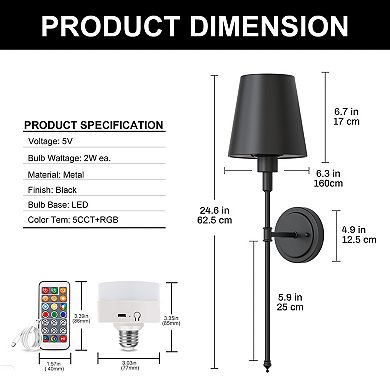 6.3 in 2-pack black bell wall sconce, adjustable RGBCW LED for daily indoor lighting.