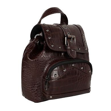 Upcycled Leather Mini Backpack, Sustainable Vintage Style Small Daypack with Rivets & Fabric Accents