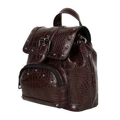 Upcycled Leather Mini Backpack, Sustainable Vintage Style Small Daypack with Rivets & Fabric Accents