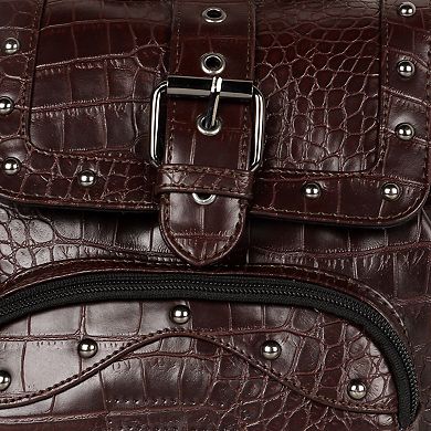 Upcycled Leather Mini Backpack, Sustainable Vintage Style Small Daypack with Rivets & Fabric Accents