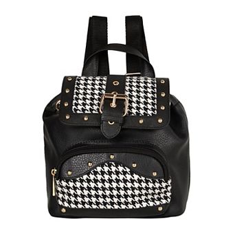 Upcycled Leather Mini Backpack, Sustainable Vintage Style Small Daypack with Rivets & Fabric Accents