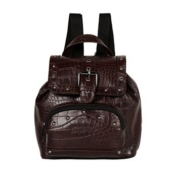 Upcycled Leather Mini Backpack, Sustainable Vintage Style Small Daypack with Rivets & Fabric Accents