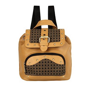 Upcycled Leather Mini Backpack, Sustainable Vintage Style Small Daypack with Rivets & Fabric Accents