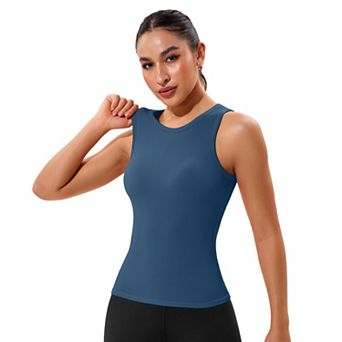 ATTRACO Women Seamless Ribbed High Neck Racerback Workout Tank Top Built In Bra