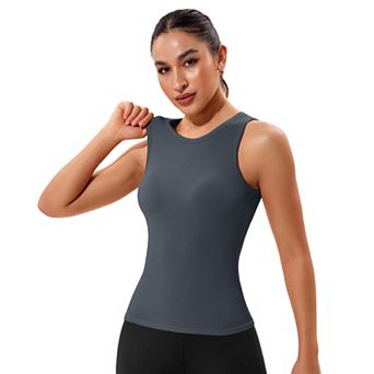 ATTRACO Women Seamless Ribbed High Neck Racerback Workout Tank Top Built In Bra