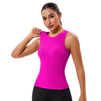 ATTRACO Women Seamless Ribbed High Neck Racerback Workout Tank Top Built In Bra