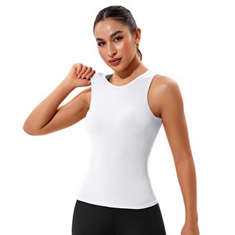 ATTRACO Women Seamless Ribbed High Neck Racerback Workout Tank Top Built In Bra