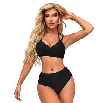 CHARMO Women Wrap Halter High Waist Bikini 2 pc Swimsuit Set With Removable Padded Bra