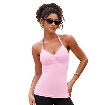 ATTRACO Women V Neck Halter Convertible Back Camisole Tank Top With Removable Padded Bra