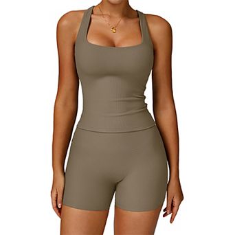 ATTRACO Women Ribbed Tank Top Shorts 2 pc Workout Set Removable Pads Yoga Athletic Outfit