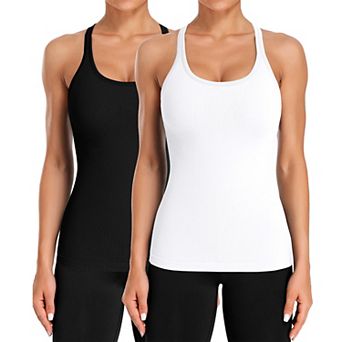 ATTRACO 2 Pack Women Long Length Seamless Ribbed Racerback Workout Tank Top With Built In Bra