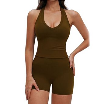 ATTRACO Women Halter Tank Top Shorts 2 pc Workout Set Removable Pads Yoga Athletic Outfit