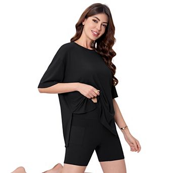 ATTRACO Women Crew Neck Side Slit Short Sleeve Top Lounge Shorts 2 pc Pajama Set With Side Pocket