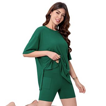 ATTRACO Women Crew Neck Side Slit Short Sleeve Top Lounge Shorts 2 pc Pajama Set With Side Pocket