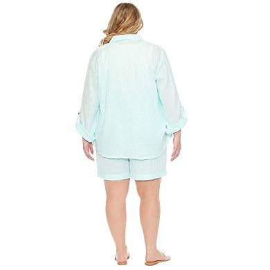 Plus Size Gauze Button-Front Shirt & Shorts Set