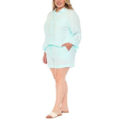 Plus Size Gauze Button-Front Shirt & Shorts Set
