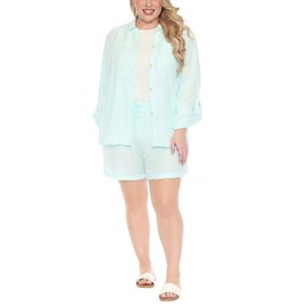 Plus Size Gauze Button-Front Shirt & Shorts Set