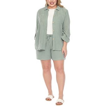 Plus Size Gauze Button-Front Shirt & Shorts Set
