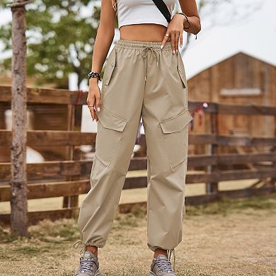 Women Elastic Drawstring Waist Cargo Jogger Pants Adjustable Ankle Cuff Loose Casual Trousers