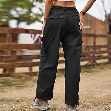 Women Elastic Drawstring Waist Cargo Jogger Pants Adjustable Ankle Cuff Loose Casual Trousers
