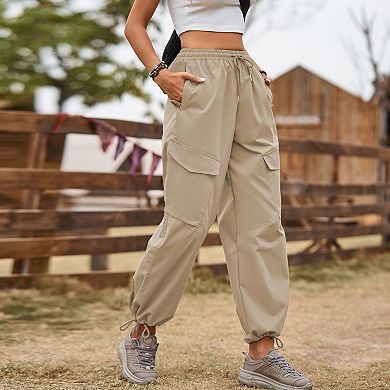 Women Elastic Drawstring Waist Cargo Jogger Pants Adjustable Ankle Cuff Loose Casual Trousers