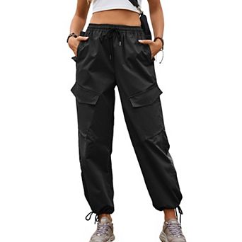 Women Elastic Drawstring Waist Cargo Jogger Pants Adjustable Ankle Cuff Loose Casual Trousers