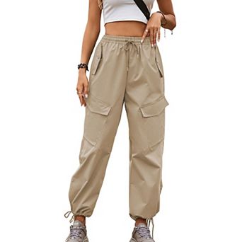 Women Elastic Drawstring Waist Cargo Jogger Pants Adjustable Ankle Cuff Loose Casual Trousers