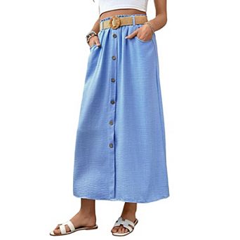 Women's Elastic Ruffle Waist Midi Skirt with Belt Side Pockets Flowy A-Line Casual Long Skirt