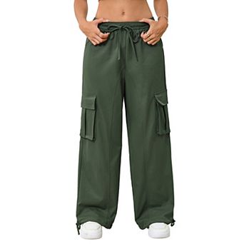 Women Drawstring Elastic Waist Cargo Wide Leg Pants Adjustable Ankle Cuffs