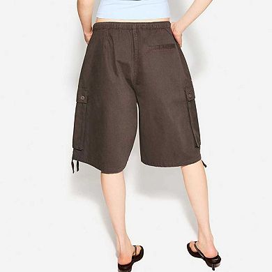 Women Drawstring Elastic Waist Multi Pocket Adjustable Hem Cargo Bermuda Shorts