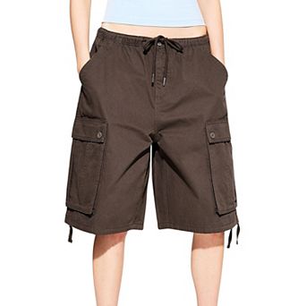 Women Drawstring Elastic Waist Multi Pocket Adjustable Hem Cargo Bermuda Shorts