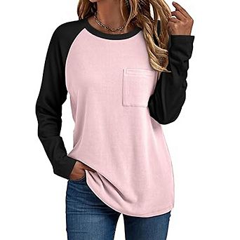 Women's Crew Neck Raglan Long Sleeve Color Block Pocket Casual Tunic Top