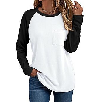 Women's Crew Neck Raglan Long Sleeve Color Block Pocket Casual Tunic Top