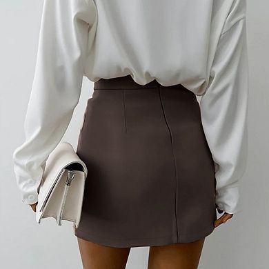 Women High Waist Asymmetric Button Wrap Mini Skirt