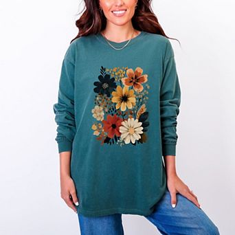 Autumn Floral - Women's Garment Dyed Long Sleeve Graphic T-Shirt